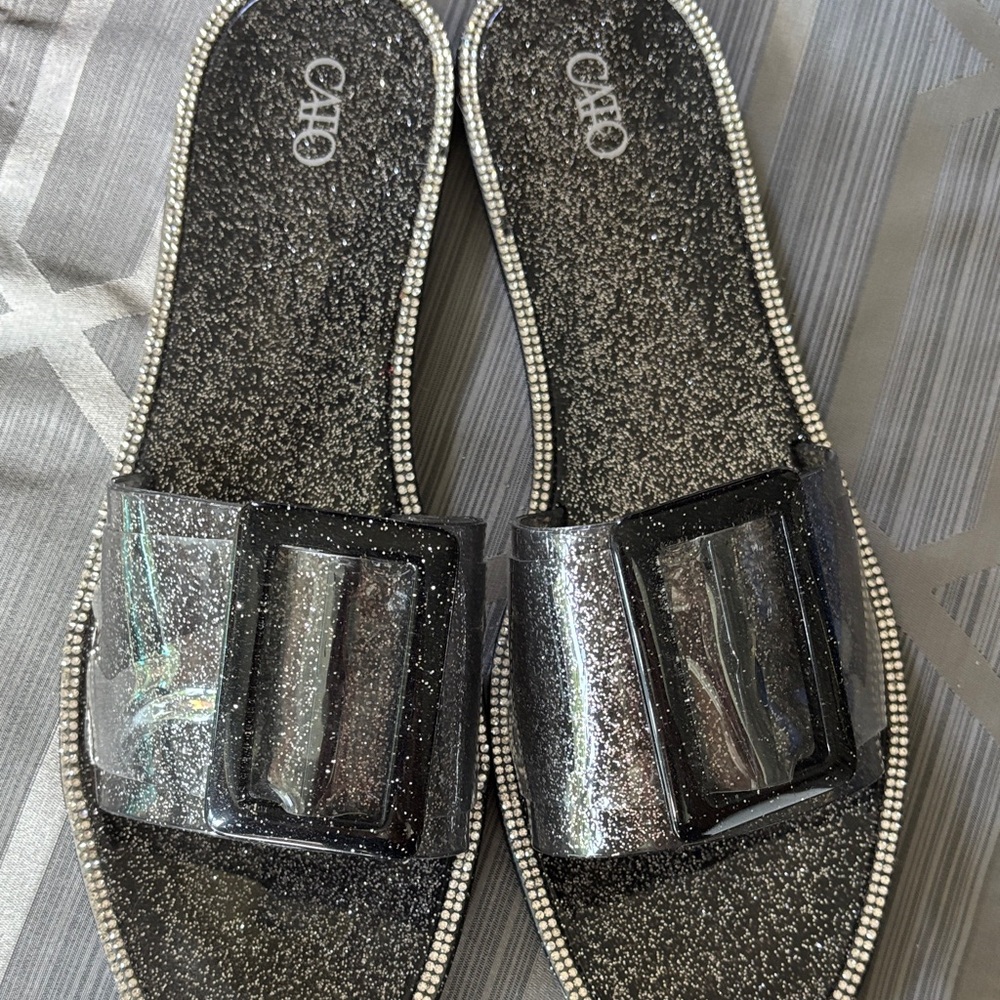 Cato Black and Silver Sparkly Sandals with Lucite Strap